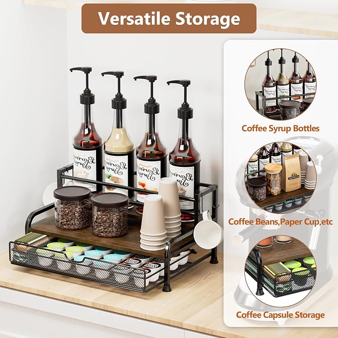 Coffee Syrup Rack Organizer, with Anti-Fall K-Cup Pod Holder Drawer | Black Metal Rack for 8 Syrup Bottles, Countertop Bottle Holder Stand for Wine, Space-Saving Design for Kitchen Cafe Station - Image 5