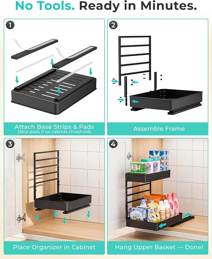 EVERIE Height Adjustable 2 Tier Metal Pull Out Slide Shelf Organizer for Under Sink Cabinets in Kitchen, Bathroom, with Snap-on Top Tray, 16" Deep (Black, 2 Sets) | Pull Out - Image 7