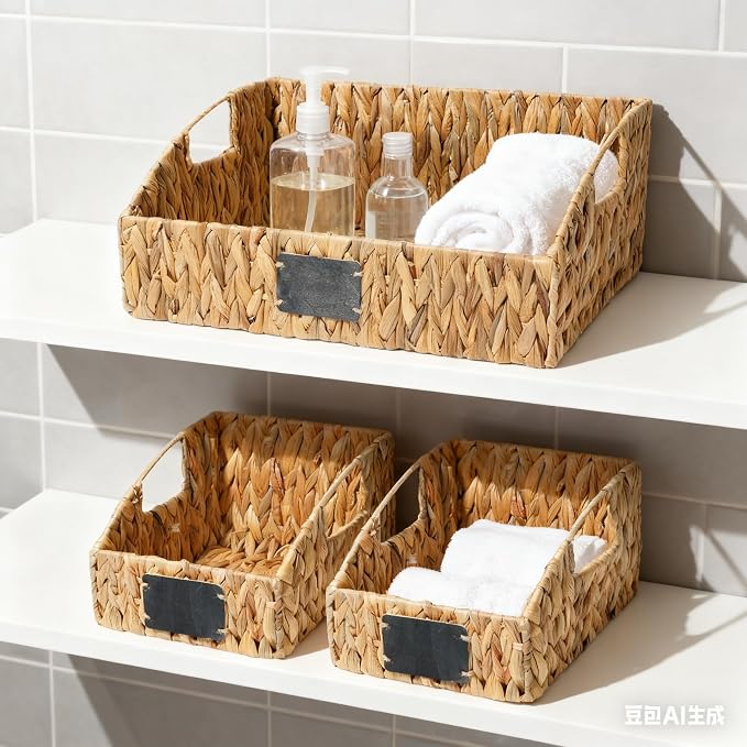 Water Hyacinth Pantry Baskets Set of 3, Chalkboard Labels | Wicker Baskets for Shelves, Woven Pantry Organizer, Laundry Room, Bathroom & Bedroom Storage, Cutout Handles, Large + 2 Small - Image 9