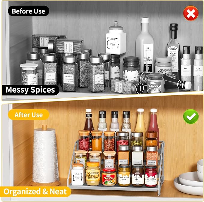 Spice Rack Organizer for Cabinet, Depth Adjustable 4 Tier Spice Rack,1 Pack | Silver, Metal Spice Organization for Cabinet, Easy Visibility, Tiered Spice Rack Perfect for Cabinet, Pantry and Countertop - Image 2