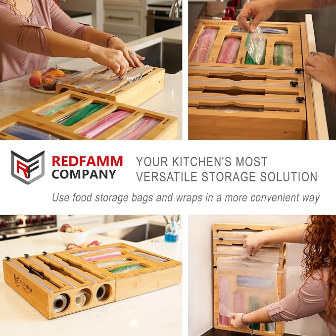 REDFAMM 8in1 Food Storage Bag Organizer Foil and Plastic Wrap Organizer with Cutter, Bamboo Plastic Bag organizer for Kitchen Drawer, Baggie Organizer for Gallon Quart Sandwich Snack Freezer - Image 2