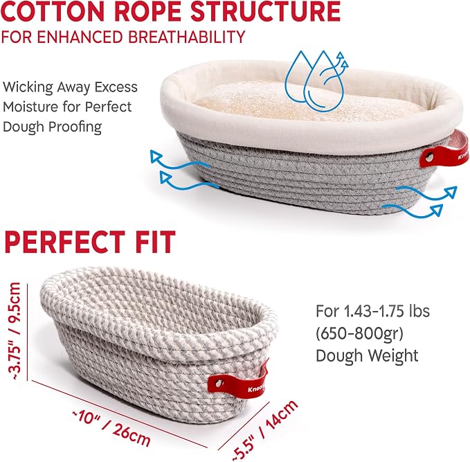 KneadAce Sourdough Starter Kit – 24oz Starter Jar, 2 Cotton Rope Banneton Proofing Baskets, Magnetic Bread Lame for Scoring – Gift for Bakers & Complete Sourdough Bread Baking Set - Image 3