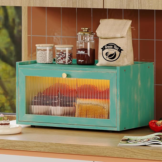 Trironsun Bamboo Bread Box with Led Light for Kitchen Counter Large Capacity Bread Storage Container Kitchen Countertop Organizer with Window Bread Holder (Antique Blue) - Image 2