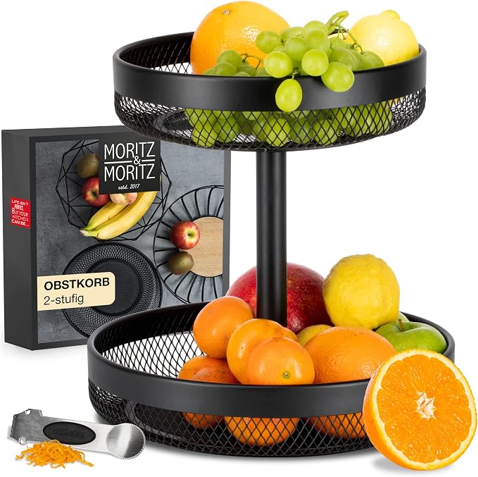 Tiered Black Metal Fruit Basket - Large Modern Fruit Bowl for Kitchen Counter - Multi-Tier Etagere for Fruit, Vegetables, Bread - Space-Saving Storage Tray 30.5/25 x 30cm by MoritzMoritz