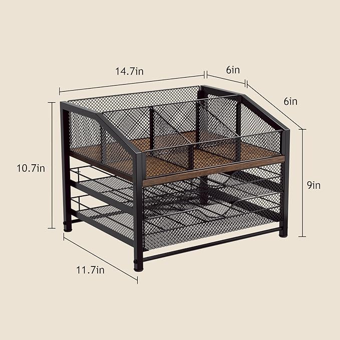 Coffee Bar Organizer - Coffee Station for Countertop, Metal and Wood K Cup holder Storage Basket for Coffee Pods, Syrup, Cups, Stirrer, Coffee Condiment, Tea Organizer, Black and Brown - Image 5
