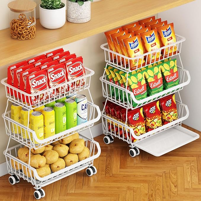 3-Tier Rolling Pantry Cart with Wheels, Stackable Wire Storage Floor Organizer for Kitchen Pantry Snack Shelves, Fruit Basket Stand, Vegetable Storage Rack for Food Snacks Onion Potato, White by MiyawellOfficial