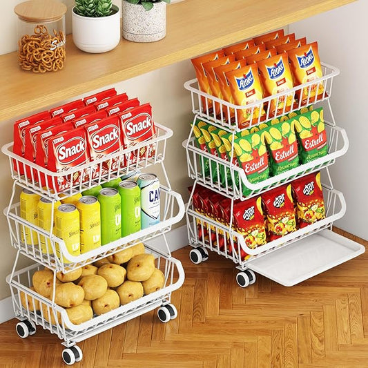 3-Tier Rolling Pantry Cart with Wheels, Stackable Wire Storage Floor Organizer for Kitchen Pantry Snack Shelves, Fruit Basket Stand, Vegetable Storage Rack for Food Snacks Onion Potato, White by MiyawellOfficial