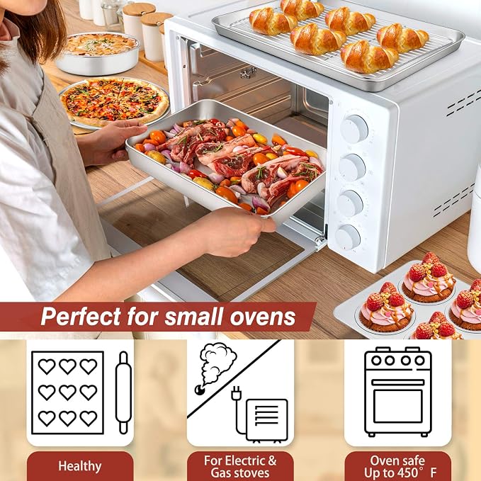 Toaster Oven Bakeware Set, E-far 6-Piece Stainless Steel Small Baking Pan Set, Include Cake Brownie Pan/Cookie Sheet with Rack/Muffin Tin/Pizza Pan, Non-Toxic & Healthy, Easy Clean & Dishwasher Safe - Image 3