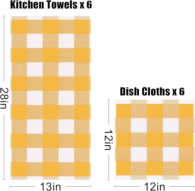 Homaxy Kitchen Towels and Dishcloths Set, Set of 12, White & Golden Yellow | Bulk Cotton Waffle Weave Check Plaid Kitchen Towels, Super Soft and Absorbent Dish Cloths, 12 x 12 and 13 x 28 Inches - Image 4