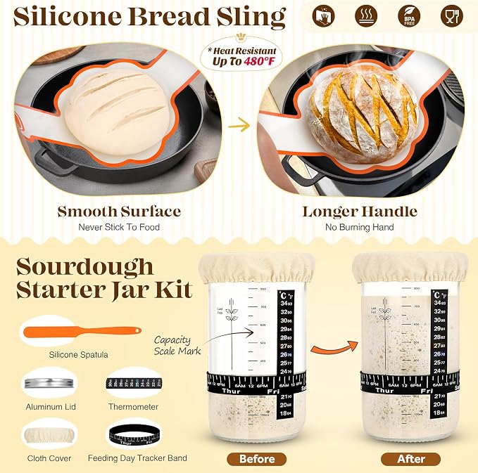 Sourdough Starter Kit with Bread Proofing Baskets, Jars, Baking Essentials | 9 in Round & 10 in Oval Baskets Set, Sourdough Bread Baking Supplies, Sour dough Beginner Kit Gifts for Bakers Women Wife Mom - Image 7