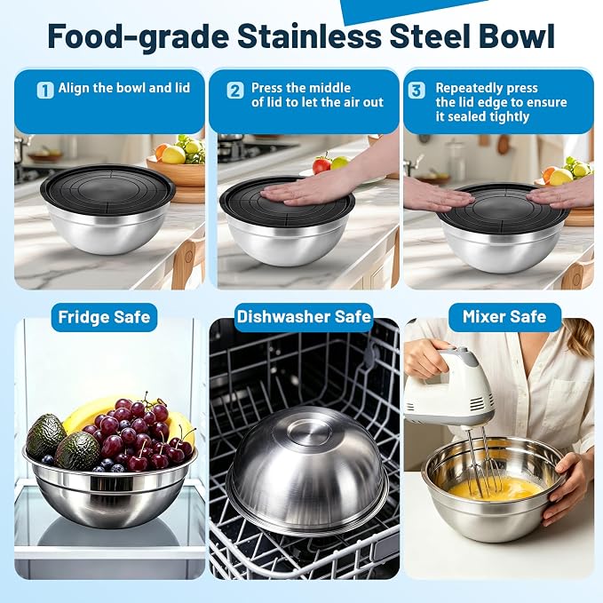 Stainless Steel Mixing Bowls with Lid and Colander Set | Size 6.3, 4.3, 3.6, 2.9QT,9Pcs Multipurpose Kitchen Metal Bowls with Grater,Colander,Egg Whisk,Separator for Baking Serving - Image 7