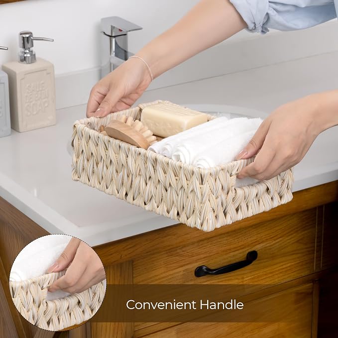 GRANNY SAYS Wicker Baskets for Organizing, Shallow Storage Bins, 2-Pack | Waterproof Wicker Baskets with Handles, Wicker Storage Baskets for Shelves, Woven Baskets for Storage,Living Room,Butter Milk - Image 7