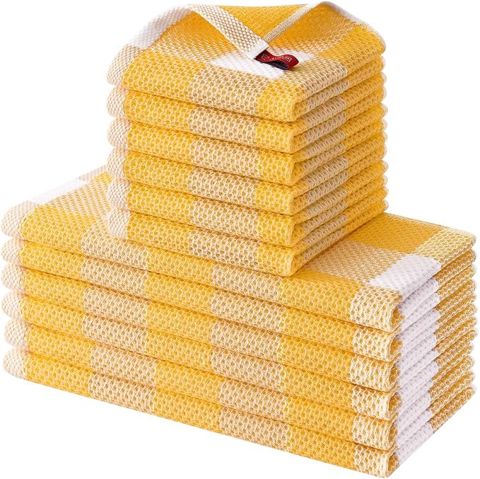 Homaxy Kitchen Towels and Dishcloths Set, Set of 12, White & Golden Yellow | Bulk Cotton Waffle Weave Check Plaid Kitchen Towels, Super Soft and Absorbent Dish Cloths, 12 x 12 and 13 x 28 Inches by Homaxy