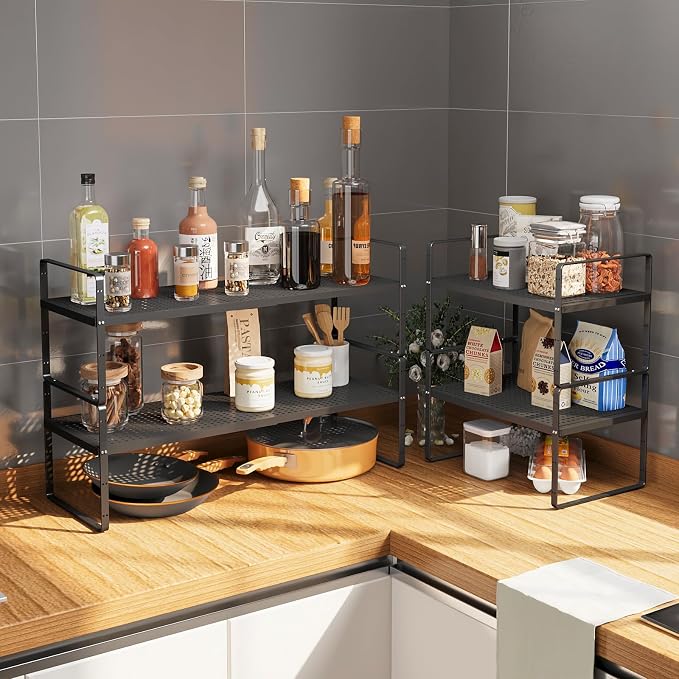 16.5~27.1" Expandable Shelf with Hole，1Pack 8.1" Wide Stackable Cabinet Shelves，Black - Image 2