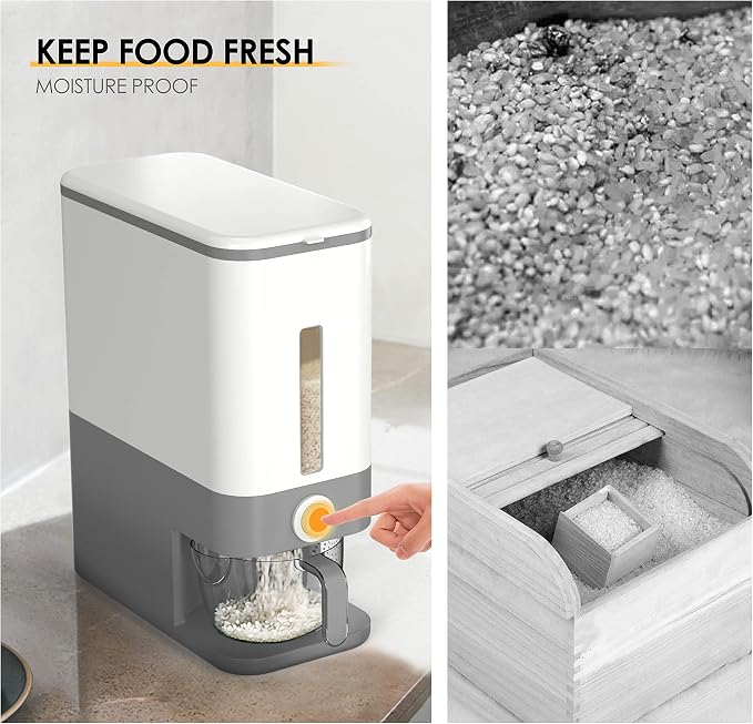 Rice Dispenser, Large Sealed Grain Container Storage with Measuring Cup, Food Cereal Container Bins for Flour Cereal Kitchen Storage (Grey) - Image 5
