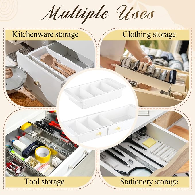5 Pcs Expandable Drawer Organizer Bins Adjustable Deep Drawer Hanging Organizer Tray Expandable 11.4 to 18.1 Inches Plastic Dividers Storage for Office Bathroom Bedroom Kitchen Desk, White - Image 6