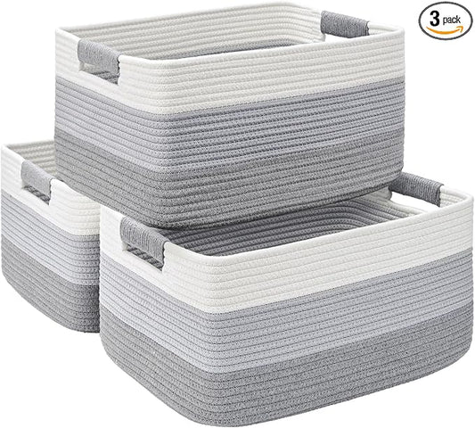 3 Pack Large Storage Basket for Organizing, 17.5"x13"x7" Woven Basket for Shelves, Closet Cube Storage Bins with Wrapped Handle, Cotton Rope Baskets for Kitchen, Clothes, Toys(Gradient Grey) by Degeyoyo