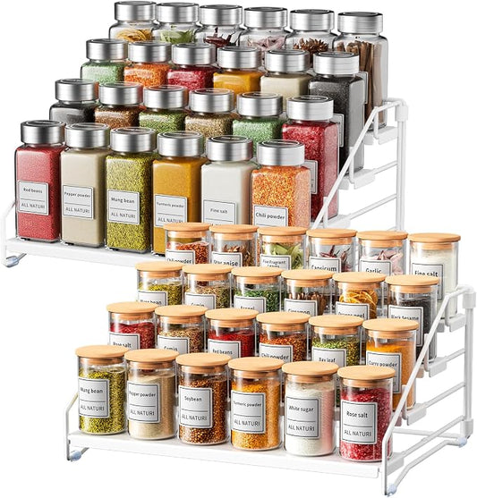 2 Pack Spice Rack Organizer for Cabinet, Depth Adjustable 4 Tier Spice Rack | White, Metal Spice Organization for Cabinet, Easy Visibility, Tiered Spice Rack Perfect for Cabinet, Pantry and Countertop by RCHYFEED