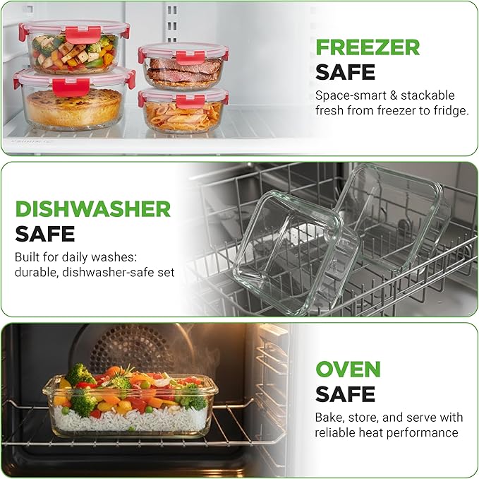 NutriChef 24-Piece Glass Food Storage Containers with Lids - 12 Stackable Heavy Duty Meal Prep Containers w/ 12 Airtight Lids - Microwave, Freezer, & Dishwasher Safe for Food, Snacks, & Fruit-(Red) - Image 4