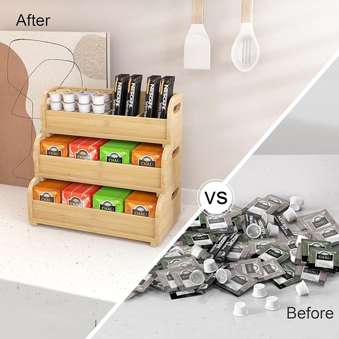 3-Tier Bamboo Tea Bag Organizer, Stackable Tea Holder for Countertop | Tea Box Rack with Removable Dividers, Wall Mount Large Capacity for Pantry Drawer Cabinet Kitchen Office Coffee Station - Image 4