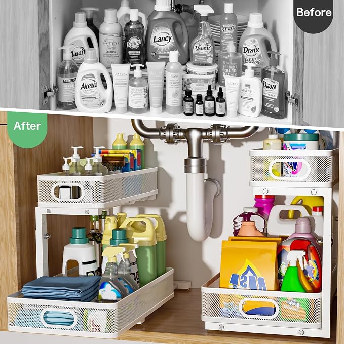 Under Sink Organizer 2 Pack, High Adjustable 2 Tier Under Sink Organizers and Storage, Slide out Metal Cabinet Organizers, Pull out Storage Drawer Shelf for Kitchen Bathroom Cabinet (White) - Image 3