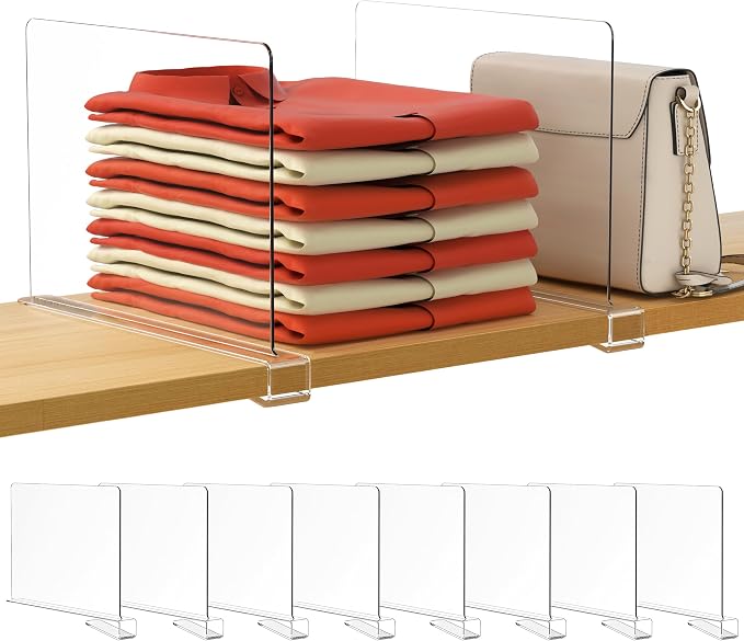 HBlife 8 Pack Clear Shelf Dividers, Vertical Purse Organizer for Closet Perfect for Sweater, Shirts, Handbags in Bedroom and Kitchen, Adjustable Acrylic Bookshelf for Organization by HBlife