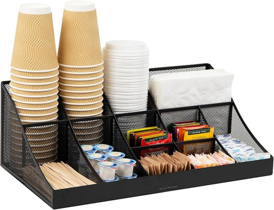 Mind Reader Countertop Organizer, 2 Tier Mesh Storage Caddy with 11 Compartments for Office Supplies, Breakroom Essentials, and Snacks by MindReader