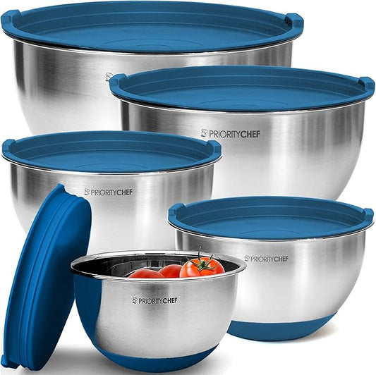 Premium Mixing Bowls With Airtight Lids Set, Thicker Stainless Steel Mixing Bowl Set, Large Prep Metal Bowls with Lids, Nesting Bowls for Kitchen, 1.5/2/3/4/5 Qrt, Blue by PriorityChef