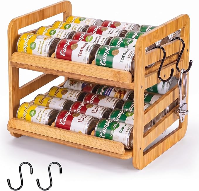 Bamboo Rolling Can Organizer for Pantry: Double-Tier Automatic Rolling Cans Dispenser Rack with Hooks, Can Holders Dispensers for Pantry for Kitchen Cabinet by Unknown