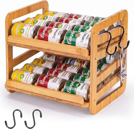 Bamboo Rolling Can Organizer for Pantry: Double-Tier Automatic Rolling Cans Dispenser Rack with Hooks, Can Holders Dispensers for Pantry for Kitchen Cabinet by Unknown