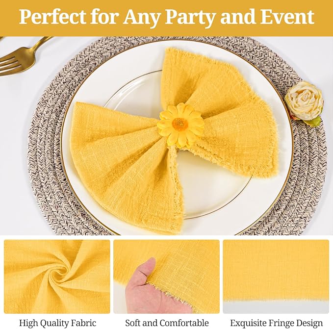 36 Pack Yellow Napkins, 12 x 12 Inch Cotton with Fringe Settings | Handmade washable reusable cotton dinner napkins in bulk for weddings, parties, rustic boho table settings - Image 5