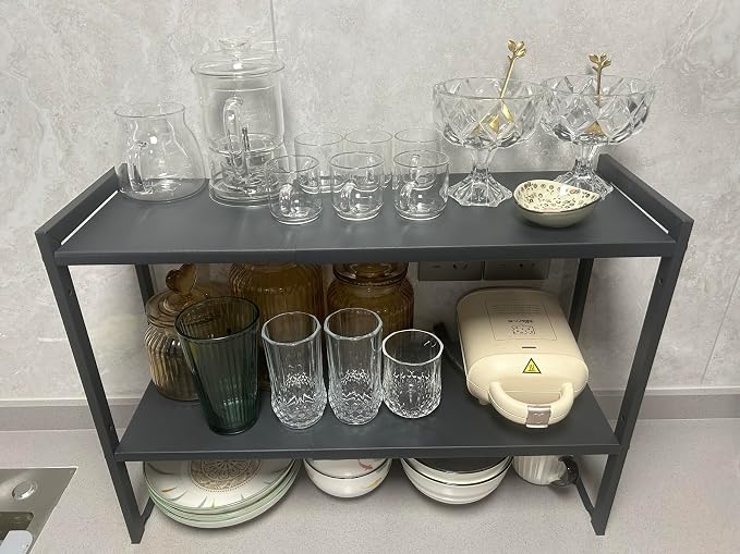 2 Tier Expandable Cabinet Shelf Organizer 14.5-25" L Kitchen Counter Shelf Rack Stand Sink Riser Countertop Storage Black (Normal 7.9”D) - Image 5