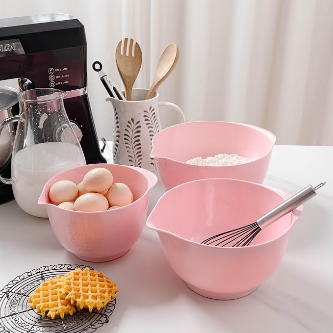 Nesting Melamine Mixing Bowl Set with Pour Spouts, Set of 3, Nesting Design Saves Space, Non-Slip, Size 2, 2.9 and 3.9qt, for Prepping, Mixing, Baking, Cooking, Pink - Image 4