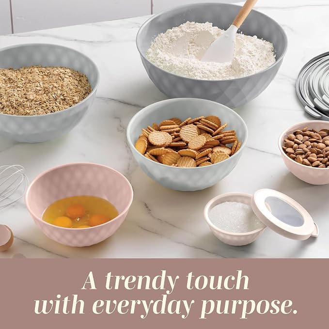 COOK WITH COLOR Mixing Bowls with Lids - 12 Piece Plastic Nesting Bowls Set includes 6 Prep Bowls and 6 Lids, Microwave Safe Mixing Bowl Set, Grey/Pink Diamond - Image 7