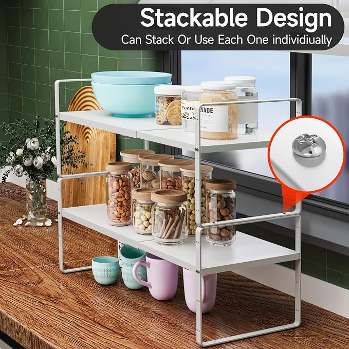 2Pcs Expandable Cabinet Shelf Organizer, 16.5"~27''L, White | Stackable Metal Shelves, Adjustable Spices Rack Stand, For Kitchen Countertop Storage, For Cupboard Pantry, 8" W x 9.6" H - Image 4