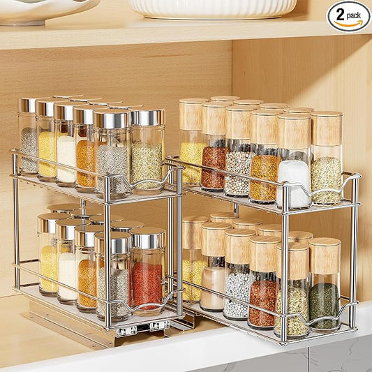 MUDEELA 2 Pack Pull Out Spice Rack for Inside Cabinet, 2 Tier Chrome Spice Organization for Cabinet, Vertical Sliding Out Spice Rack Organizer for Seasoning, 10.4''D×4.8''W×9.3''H by MUDEELA