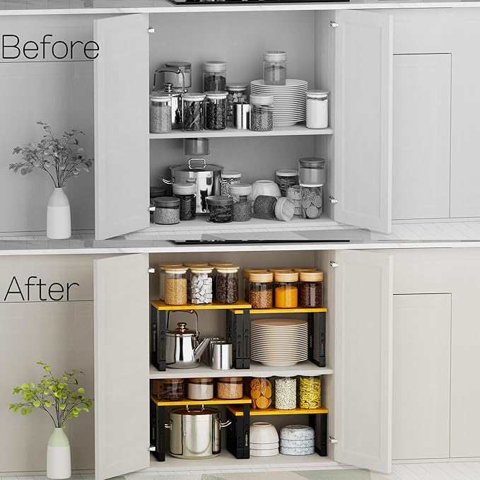 Expandable Kitchen Cabinet Organizer Shelves – Stackable Adjustable Metal and Wood Storage Racks for Countertop, Pantry, Garage Set of 2 Spice Rack – Easy Assembly, Space-Saving(2 Packs/Medium/Black) - Image 4