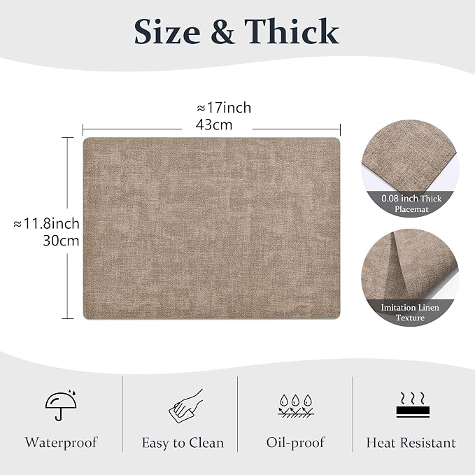 FROMHEART Faux Leather PU Placemats Set of 12 (Light Coffee,11.8" x 17") | Waterproof,Heat/Oil Stain-Resistant Table Mat–Reversible,Non-Slip,Easy to Clean Place Mats for Kitchen,Dining,Indoor/Outdoor - Image 3