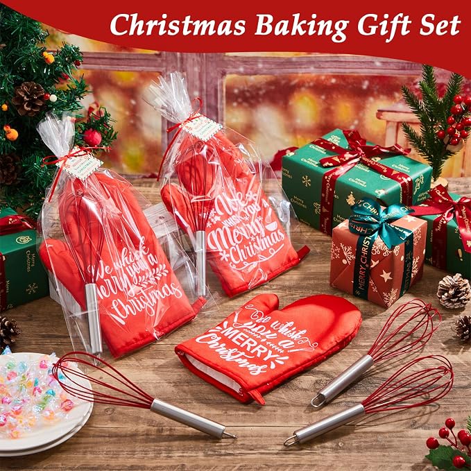 LemonRoad 12 Sets Christmas Whisk Baking Gift Set Xmas Silicone Whisks Oven Mitt Pot Holder Greeting Cards Ribbon Bags for Holiday Kitchen Utensils Cooking Supplies Neighbor Gift(Exquisite,Red) - Image 4