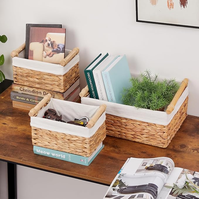 Wicker Storage Basket, 3-Packs Water Hyacinth Storage Baskets for Organizing, Large Cube Storage Organizer Baskets Bins with Handles for Shelves Decor, Small Toilet Paper Storage Basket - Image 6