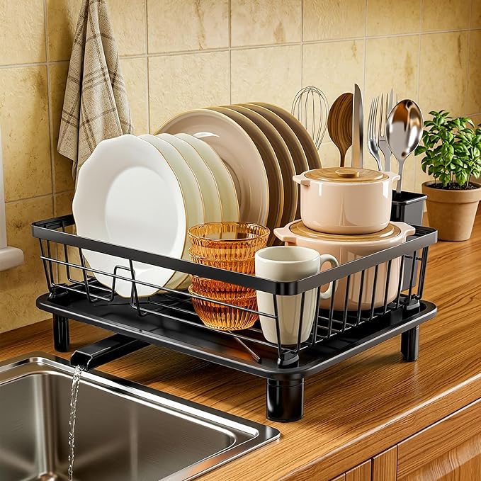 MOUKABAL Dish Drying Rack with Drainboard for Kitchen Counter, Black | 11×15 Large Capacity/Rustproof Stainless Steel/Fast Drainage Dish Drainer/Removable Utensil Holder/Kitchen Counter Organizer - Image 4