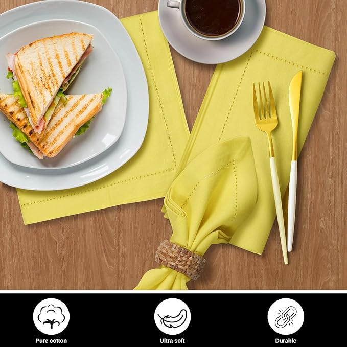 Bedding Craft Hemstitched Cotton Cloth Dinner Napkins Set of 12 – 18x18 Golden Kiwi – Reusable Machine Washable Fabric Napkins for Weddings, Thanksgiving, Christmas & Events - Image 5
