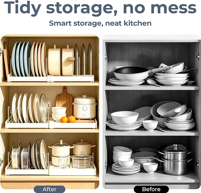2-Pack Pots & Pans Organizer – Under Cabinet Storage with Dividers | 12.6-22.4-Inch Rack Fits Most Cabinets | 9 Adjustable Dividers | Maximizes Kitchen Cabinet Space | White - Image 5