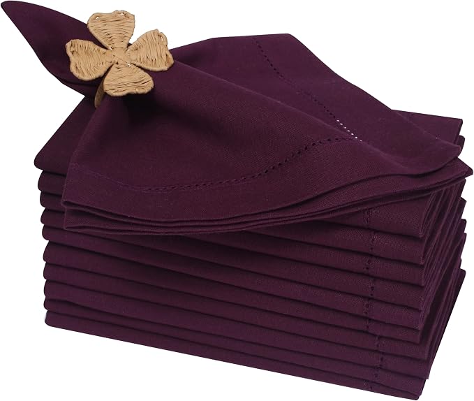 Bedding Craft Hemstitched Cotton Dinner Napkins Set of 12 – 18x18 Elegant Italian Plum – Machine Washable Soft Fabric Napkins for Weddings, Formal Dinners & Daily Dining by BeddingCraft