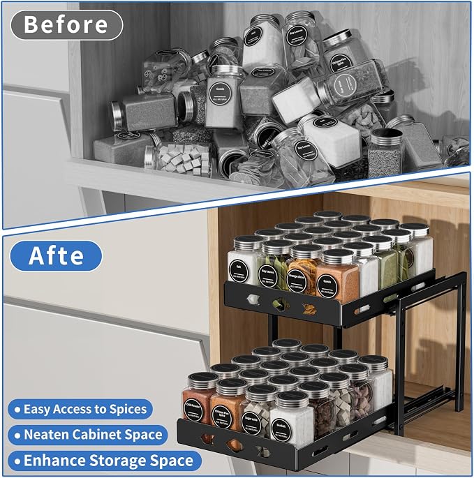 BOIVSHI Pull Out Spice Rack, Save Cabinet Space, 9.7''Wx10.8''Dx9.2''H | 2 Tier Cabinet Spice Organizer Height Adjustable, Vertical Spice Rack Maximizes Storage Space Inside the Cabinet - Image 7