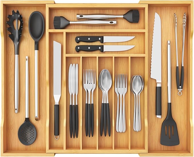 Lifewit Silverware Drawer Organizer, Wooden Utensil Tray for Kitchen | Expandable Flatware and Cutlery Holder, Adjustable Storage for Spoons Forks Knives, 17-28 x 18.5", Natural by Lifewit