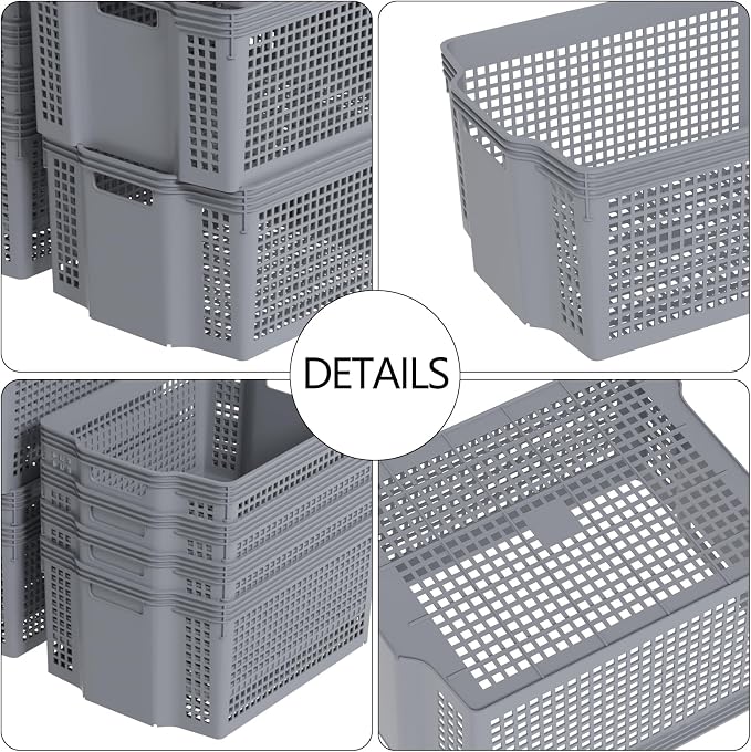 6-Pack Large Stackable Baskets Organizer, Rectangular Plastic Bins | Stackable Storage Bins with Handle, Space-Saving Nesting Design for Shelves, Pantry, Closet, Grey - Image 3