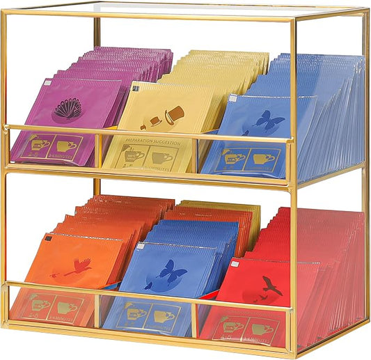 REDHUGO Glass Tea Bag Organizer for Counter, 2-Tier Teabag Organizer Storage Holder for Tea Bags, Glass Caddy Box Containers, Rack Teabag Station Stand for Cabinet Kitchen, 2-Tier, Gold by REDHUGO