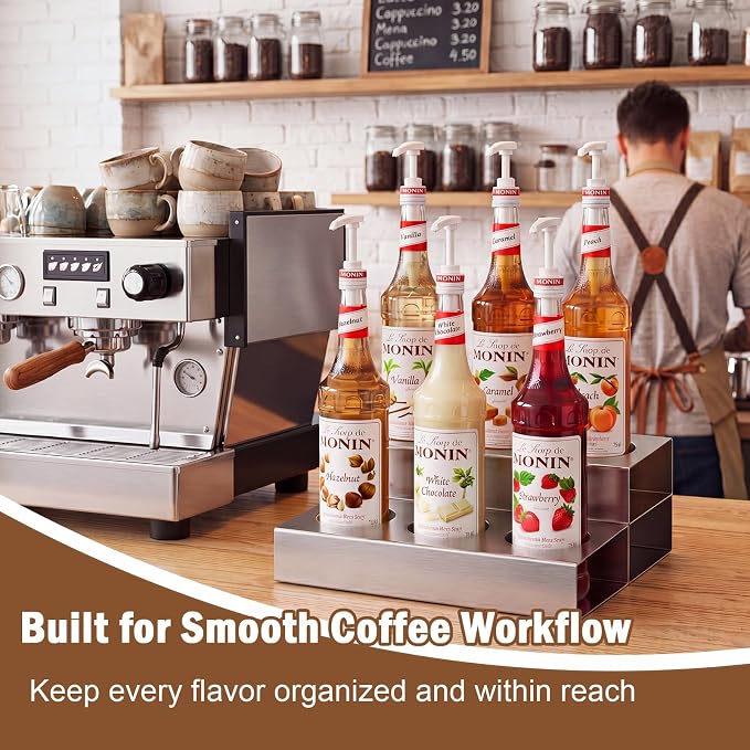 Novabright 2 Tier Coffee Syrup Rack Organizer, Stainless Steel Syrup Bottle Holder for Coffee Bar, 6 Bottle Commercial Rack for Cafe Countertop, Cafe Station Storage Organizer, 10" D x 12" W x 4" H - Image 7