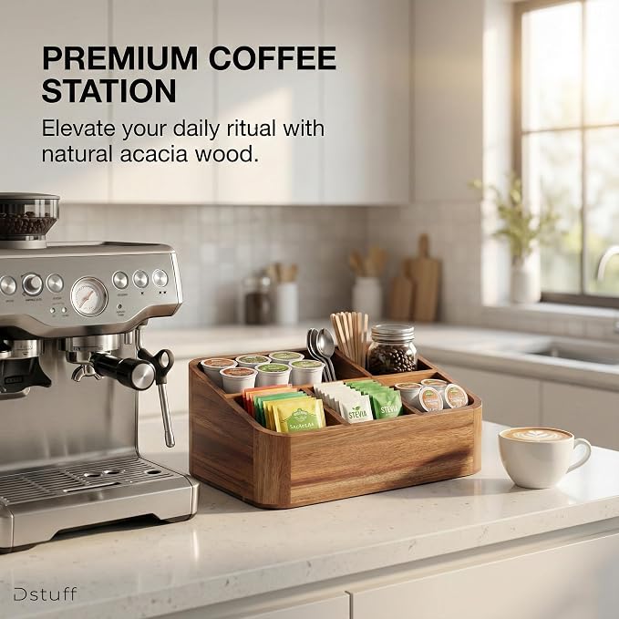 Dstuff Acacia Wood Coffee Station Organizer for Countertop, Tea Organizer and Holder, Coffee Bar Caddy with Multiple Compartments for Home and Office Decor - Image 5